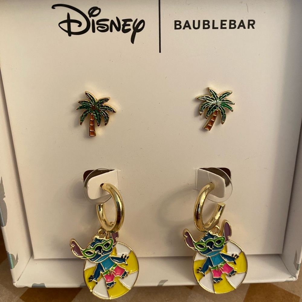 Disney BaubleBar Earrings- Stitch & Palm Trees Double earring- set of 2 pair NWT